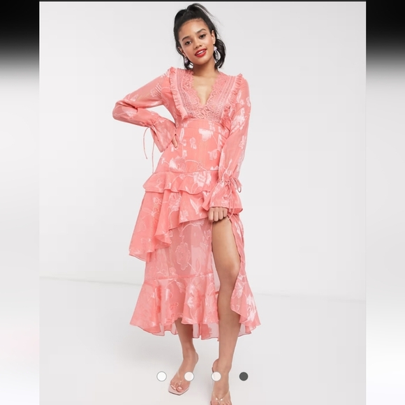 DARK PINK Frill Lacr plunge front midi dress In Hot Pink. Size 8 NWT - Picture 4 of 16